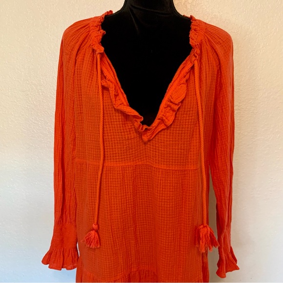 J. Crew Long Sleeve Textured Gauze Dress Ruffle Neck Tassels Red Orange Medium - Picture 2 of 15